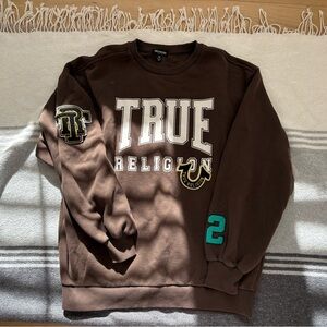 True Religion Brown Crewneck Sweater with Green Accent